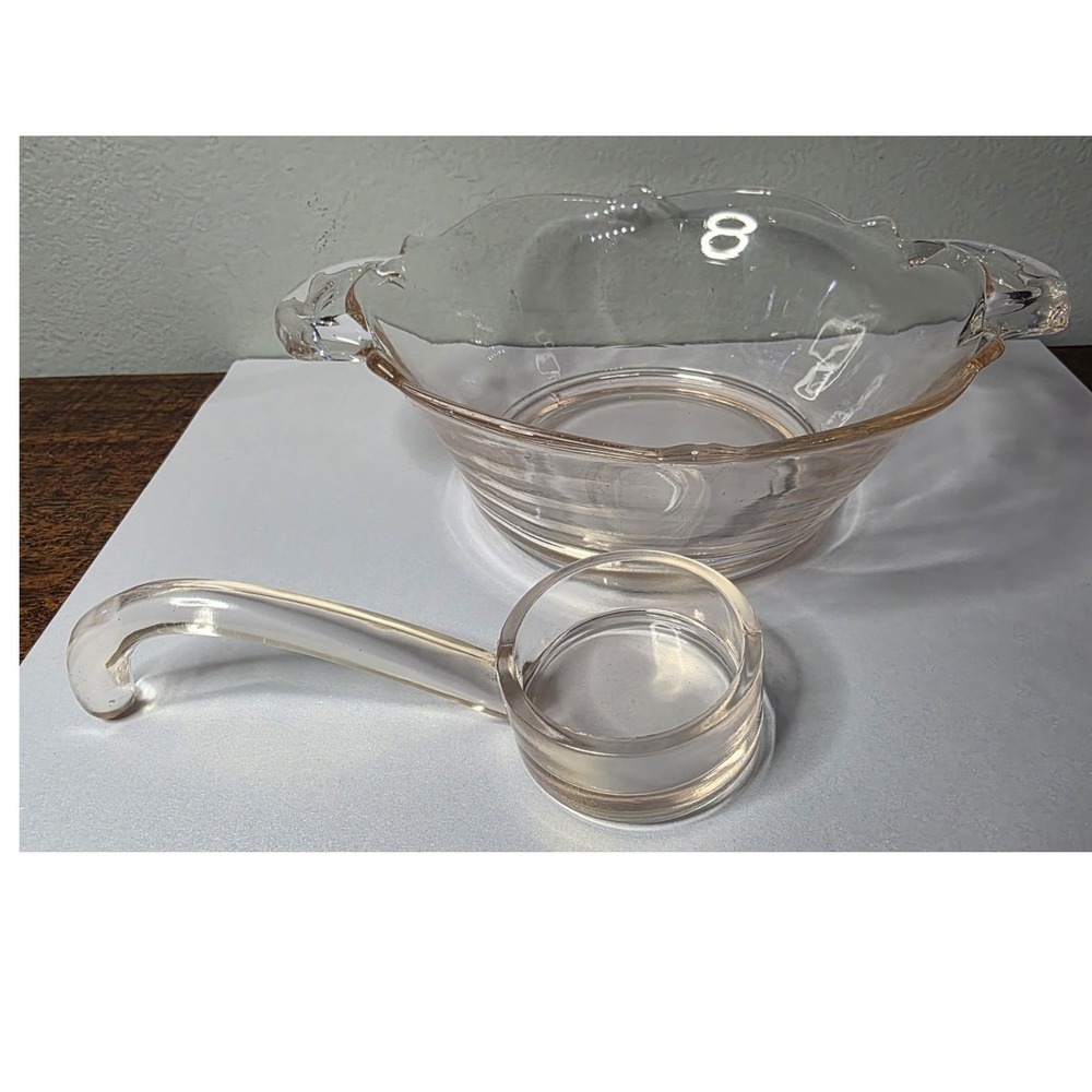 Pink Depression Glass Scallop Edged Bowl with Handles - 7" With Matching‎ Scoop